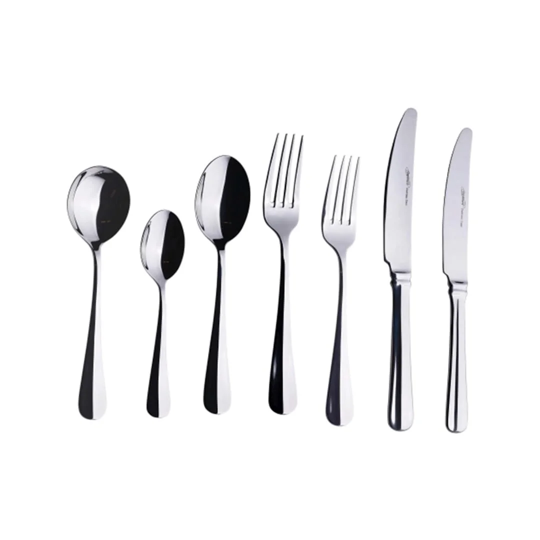Polished stainless steel cutlery set including knives, forks and spoons with smooth handles