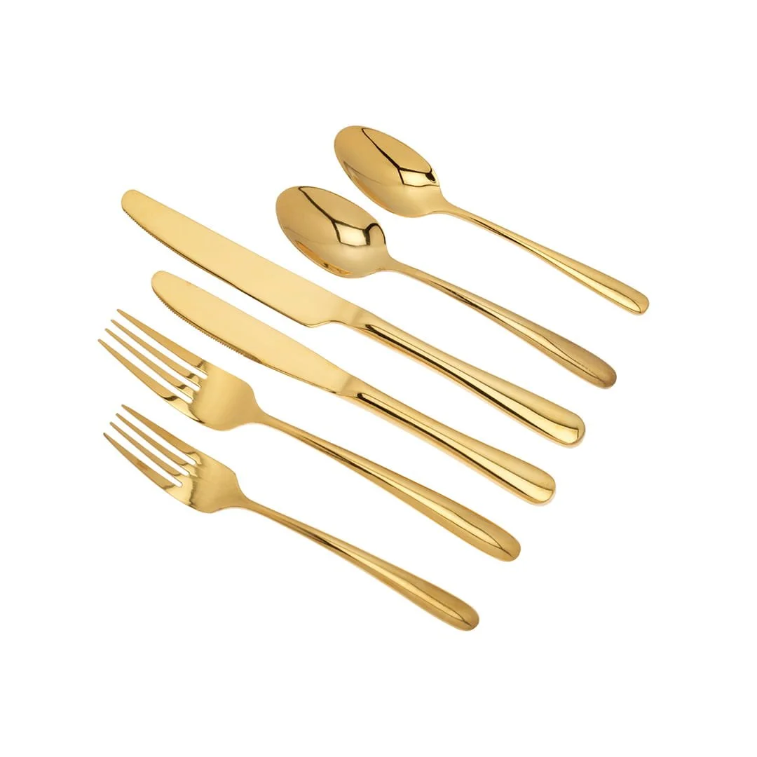 Gold finish cutlery set including knives, forks and spoons for elegant table settings