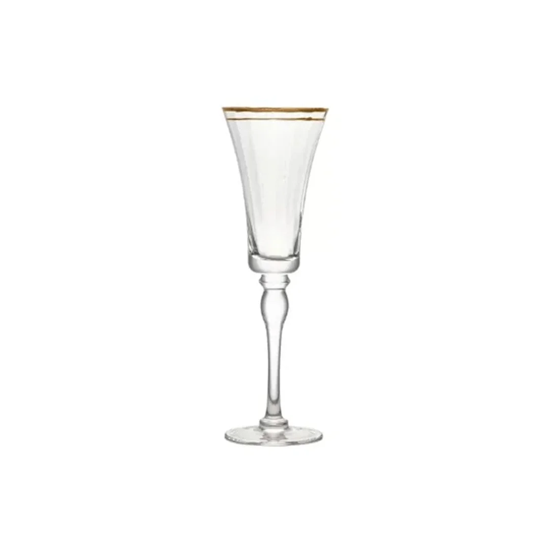 Gold rimmed champagne flute with a tall slender stem