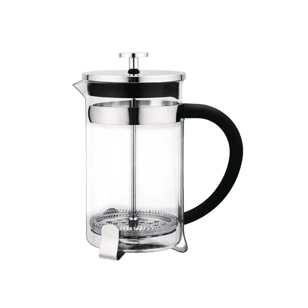 Glass cafetiere with stainless steel frame and black handle for fresh coffee brewing