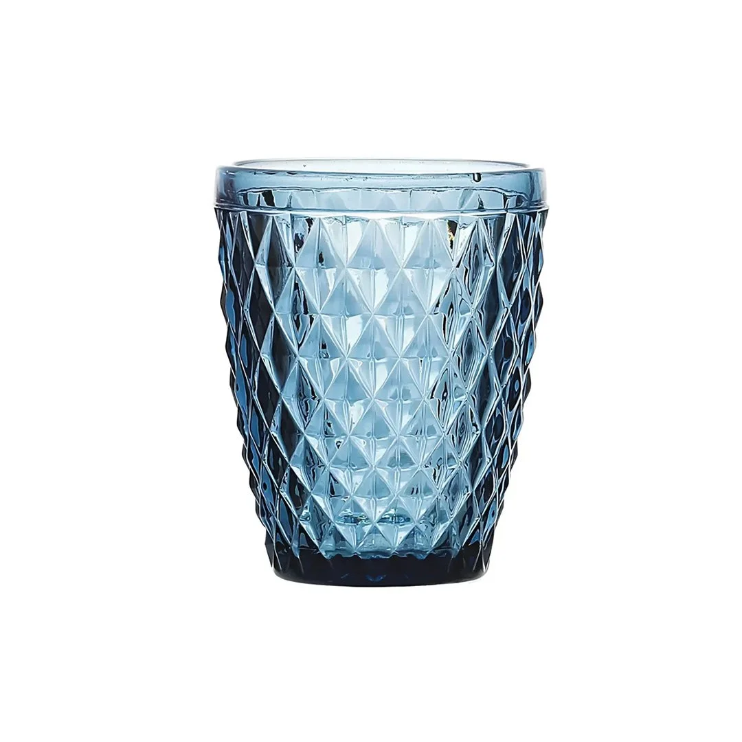 Blue glass tumbler with a textured diamond pattern