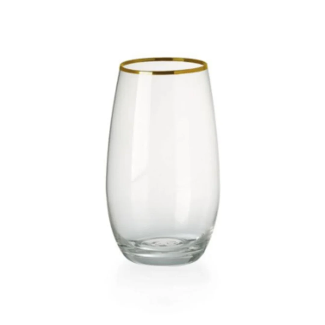 Gold rimmed tumbler glass with a smooth rounded shape