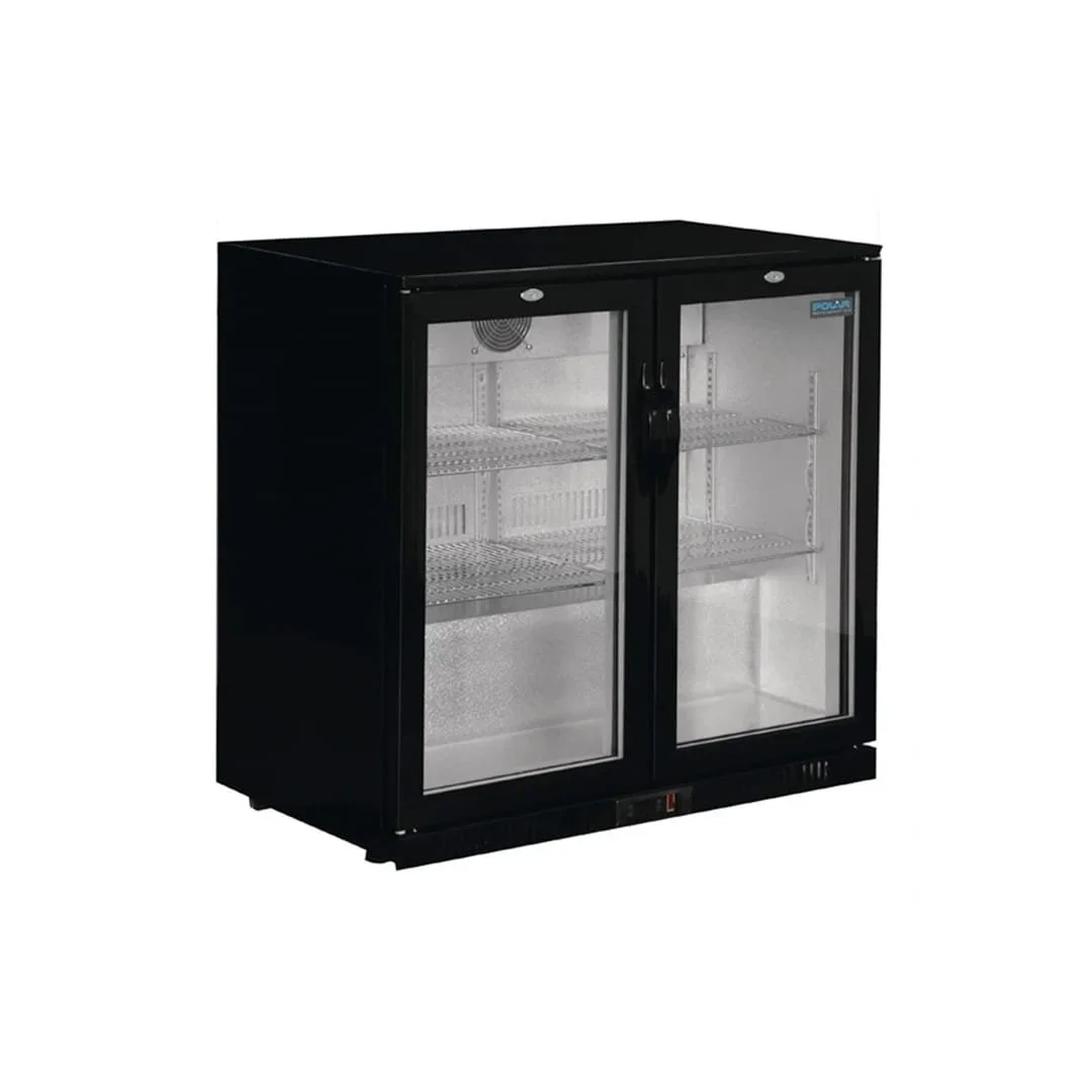 Double door bottle fridge with shelves for bar and event use