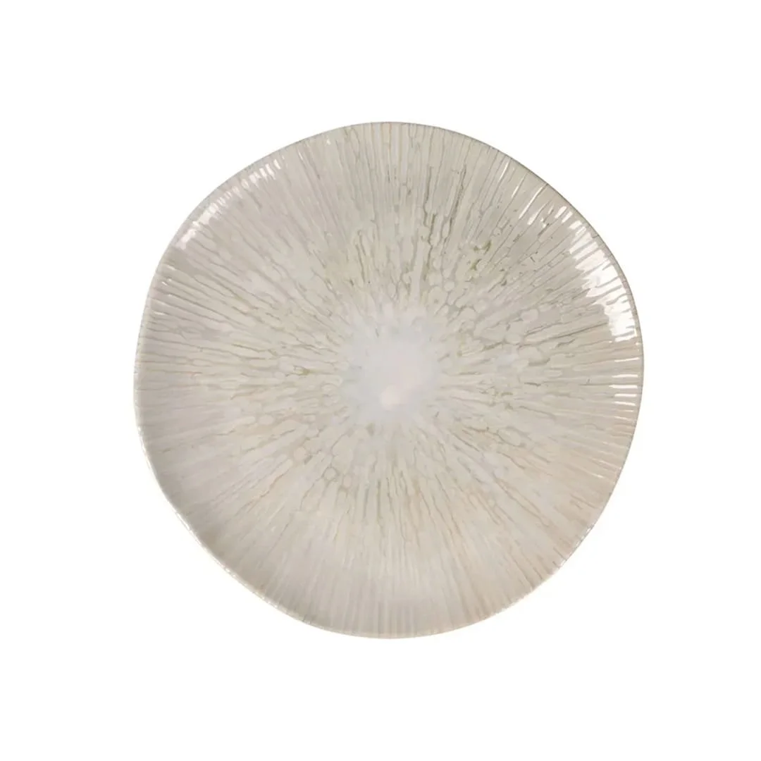 Light grey stoneware plate with subtle radial texture and contemporary finish