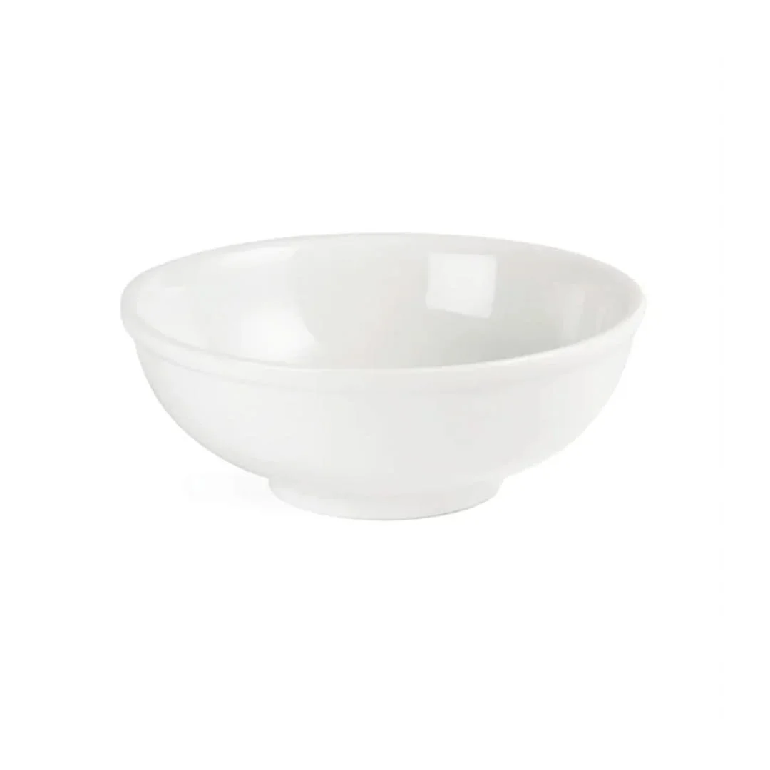 A plain white ceramic bowl on a white background.