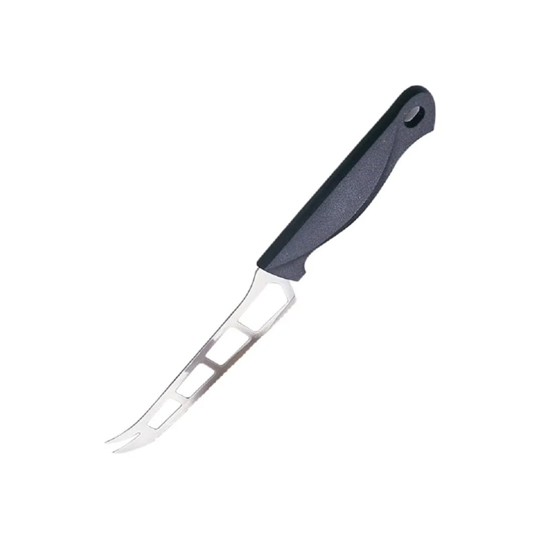 Cheese knife with black handle and pronged tip for serving
