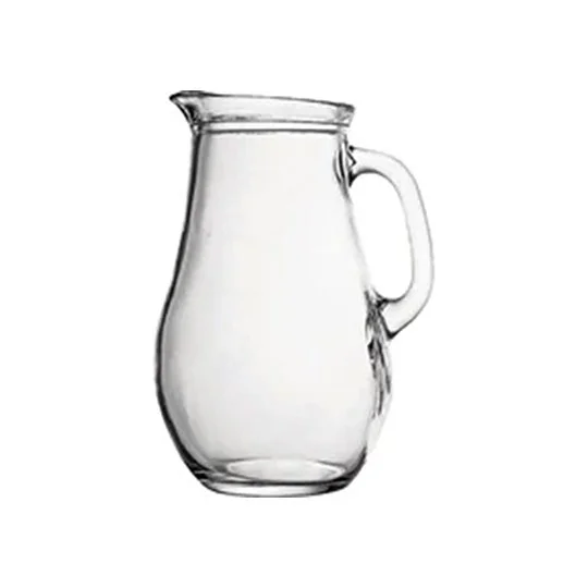 Clear glass water jug with handle and pouring spout