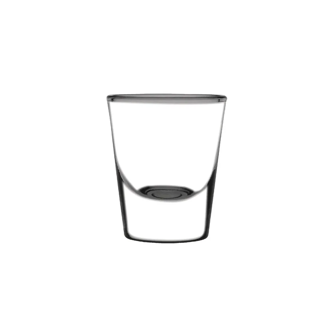 Clear shot glass with a thick base and tapered shape