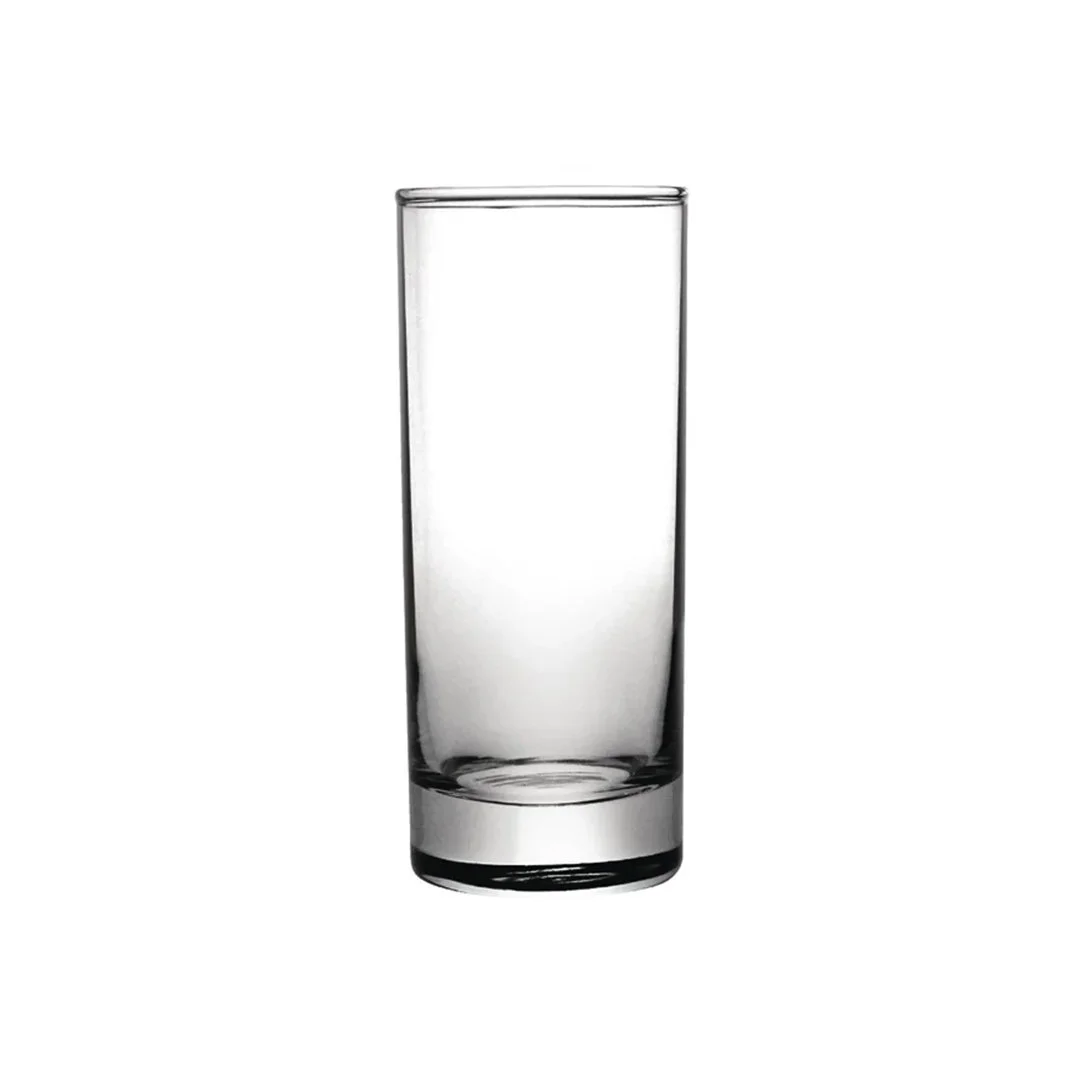 Clear highball glass with a tall straight shape and thick base