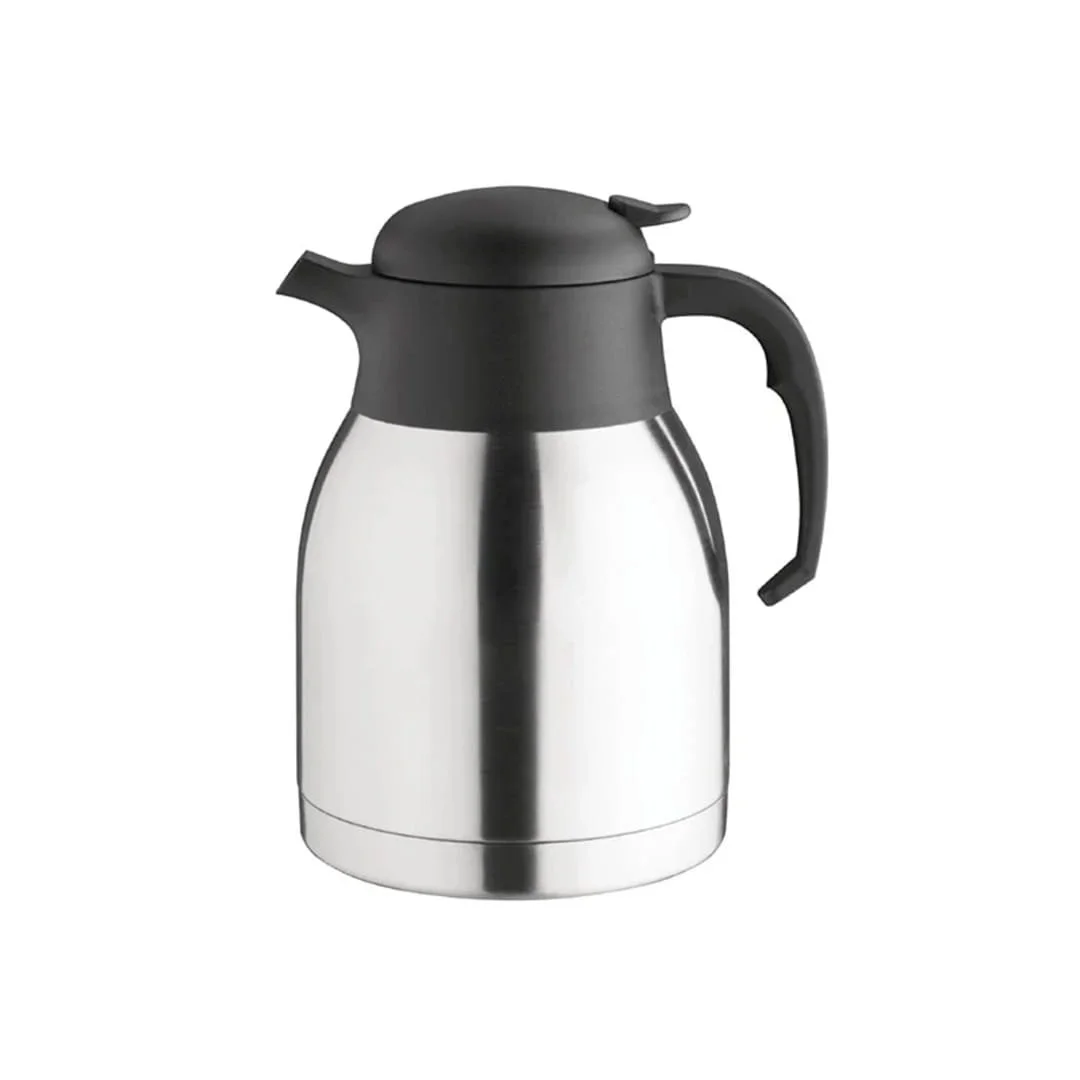 Stainless steel insulated coffee flask with black lid and handle for hot beverage service