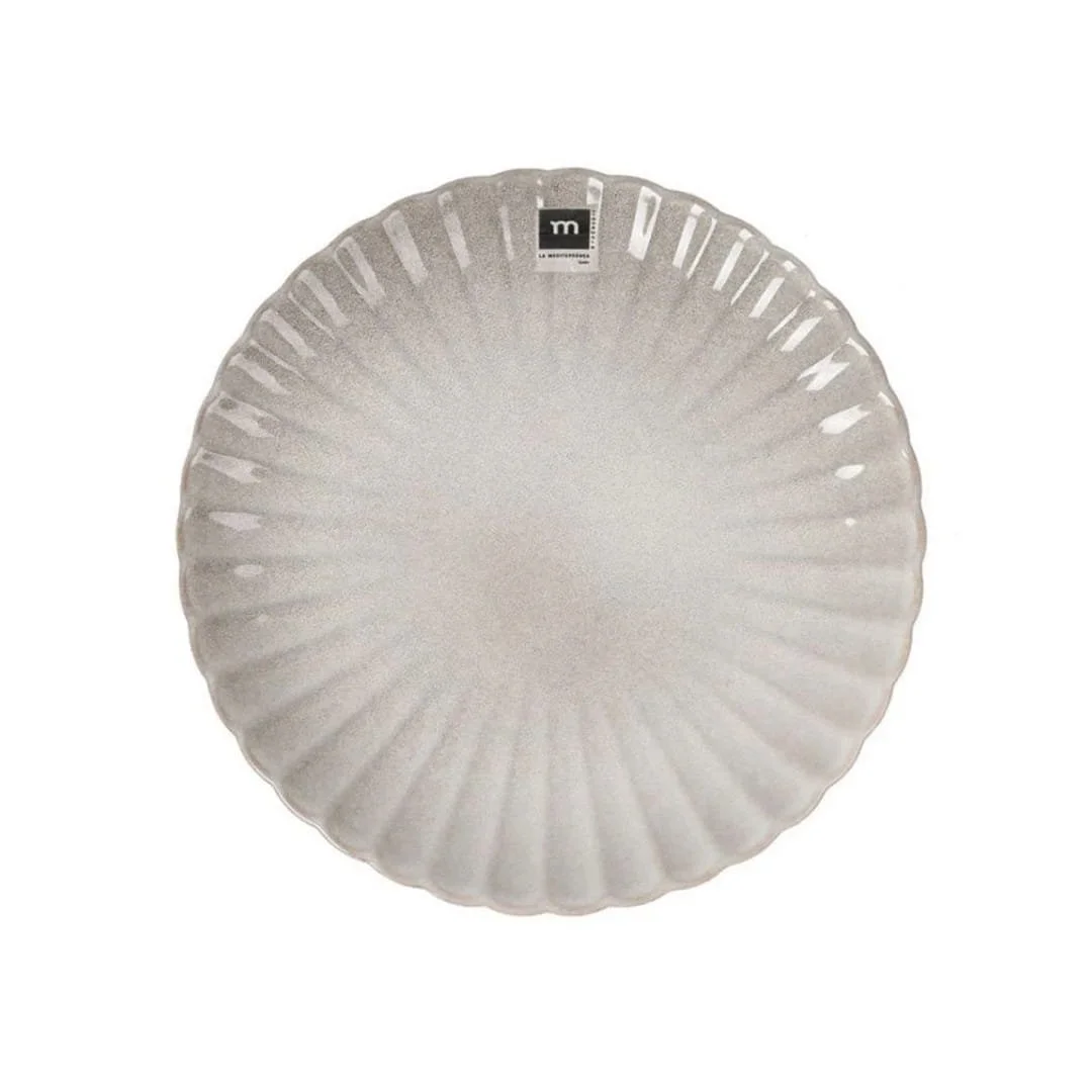 Grey scalloped edge stoneware plate with textured surface and decorative rim