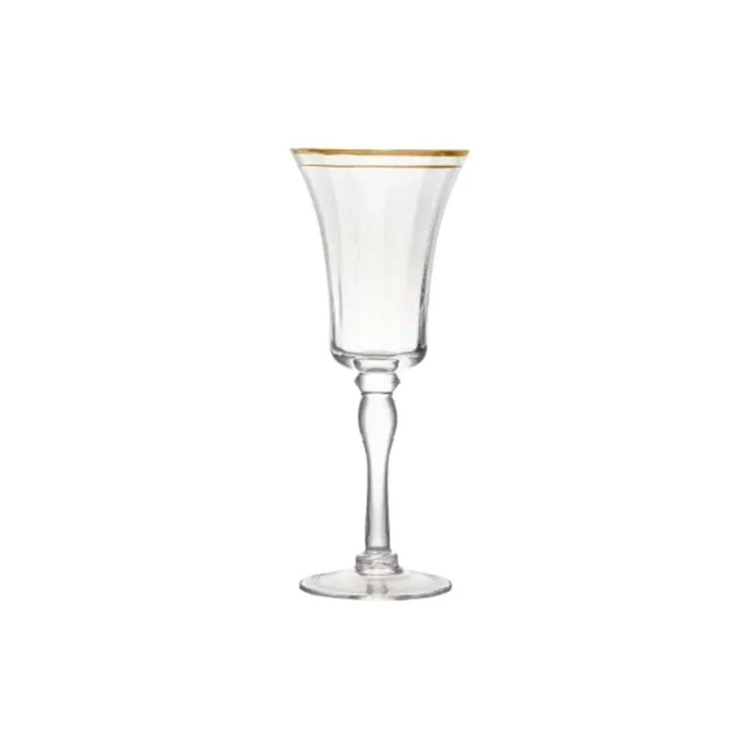 Gold rimmed wine glass with a slender stem and clear bowl