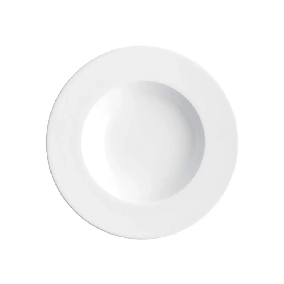 Top-down view of a white ceramic bowl on a white background.