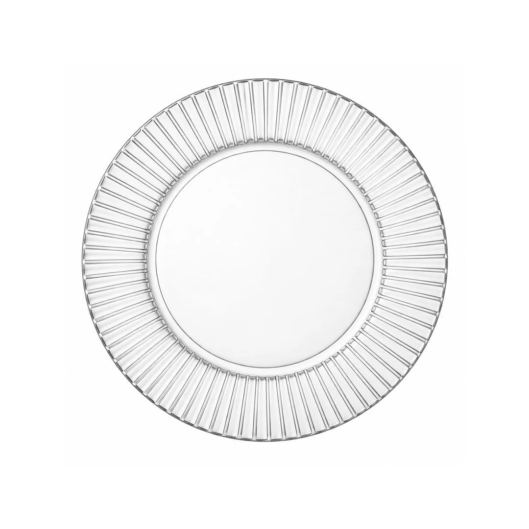 Clear ribbed charger plate with a textured linear pattern