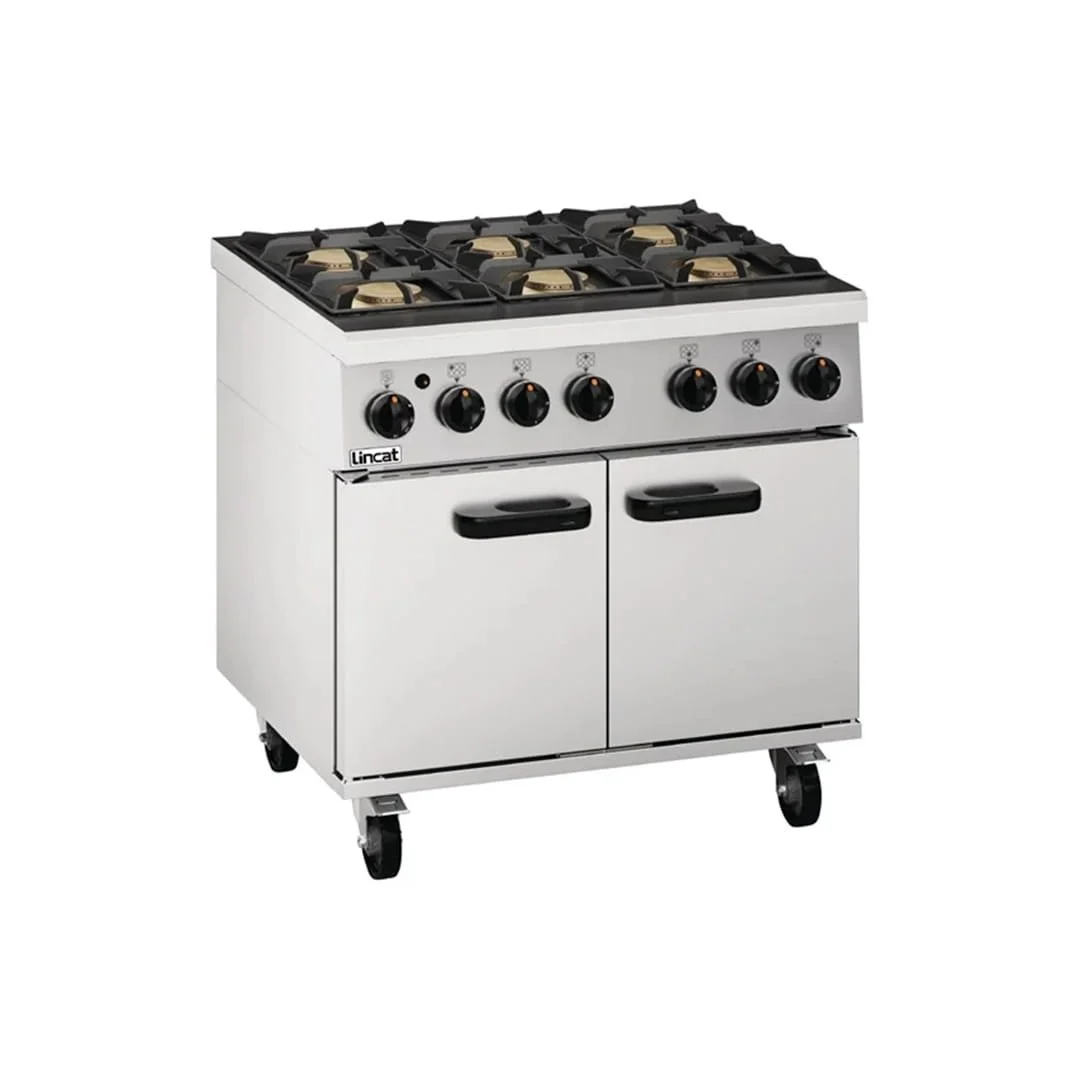 Commercial gas oven with multiple hob burners and storage below