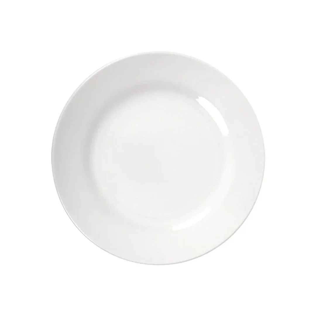 Classic white dinner plate with wide rim for elegant table presentation