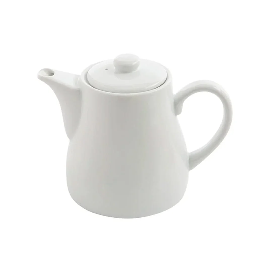 Large white teapot with lid and handle for serving tea at events