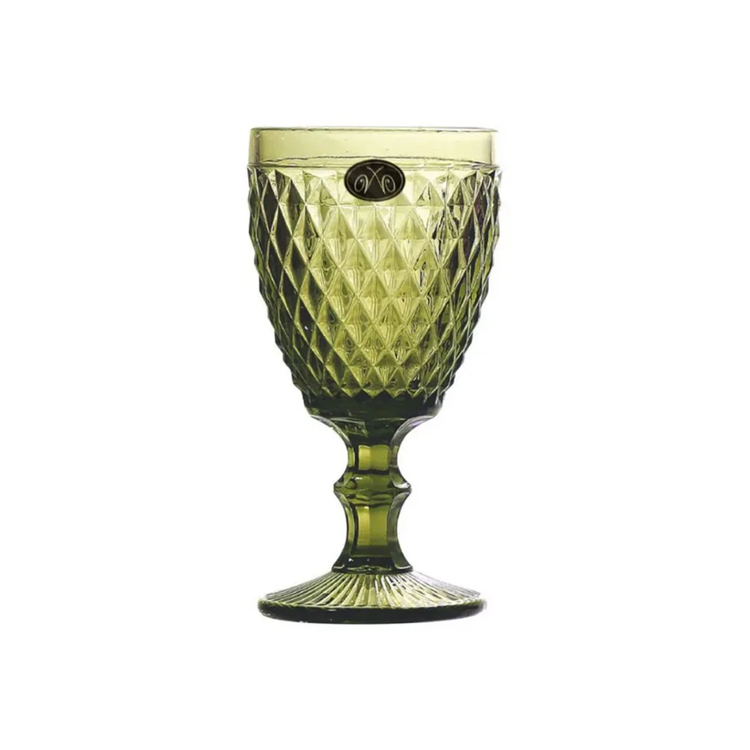 Green glass goblet with a textured diamond pattern and short stem