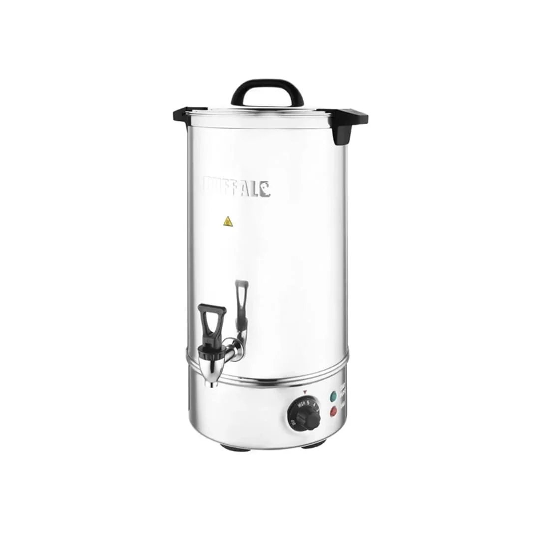 Large stainless steel hot water urn with tap dispenser for catering and events