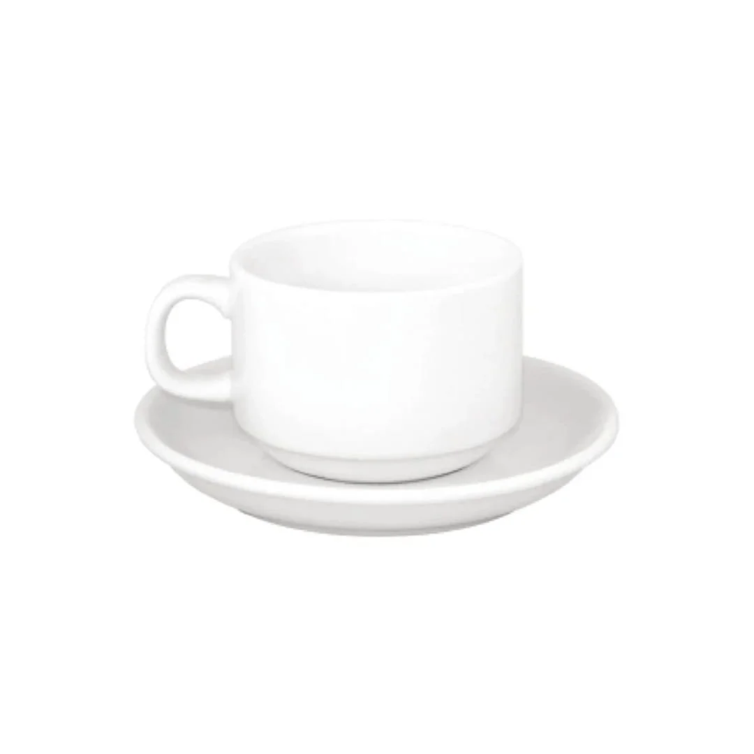 White cup and saucer set with minimalist design for tea or coffee service