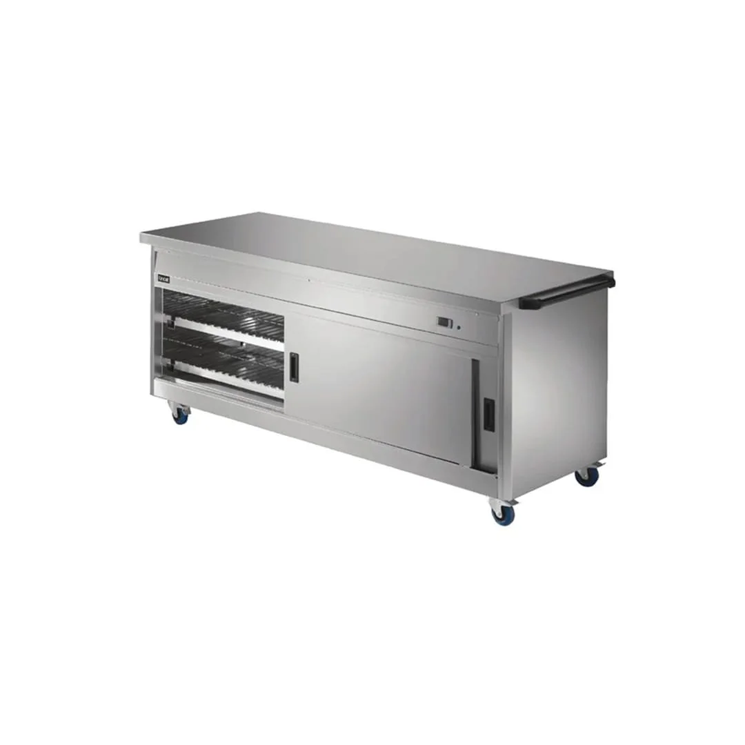 Mobile hot cupboard with sliding doors and internal shelves