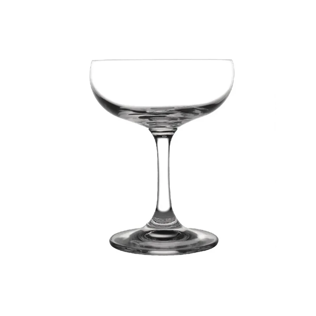 Champagne saucer glass with a wide shallow bowl and stem