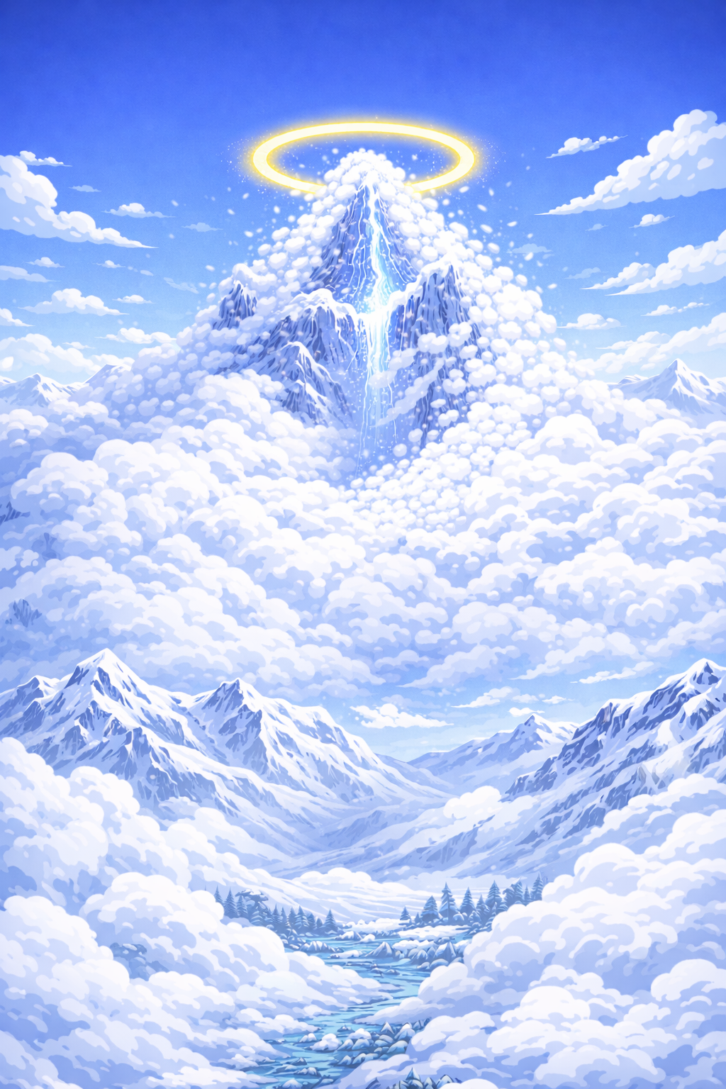 Halo Peak, home of Skeezus. A snowy mountain range with a peak surrounded by clouds, a glowing halo above the peak, and a luminous cascade of ice and snow flowing down the mountain.