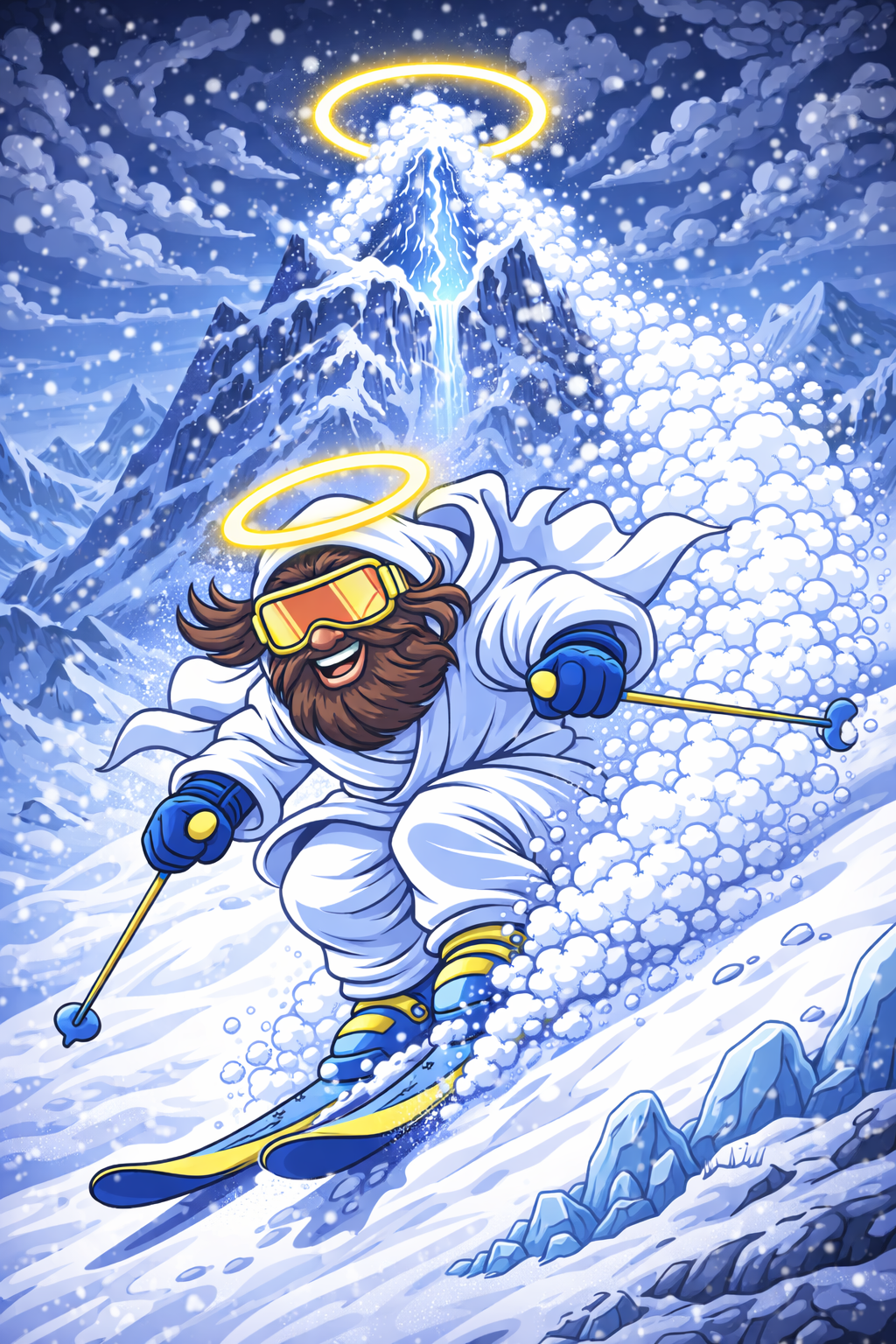 Cartoon image of aSkeezus  skiing down a snowy mountain slope (Halo Peak) with mountain peaks and an iceberg in the background, and a glowing halo over his head.