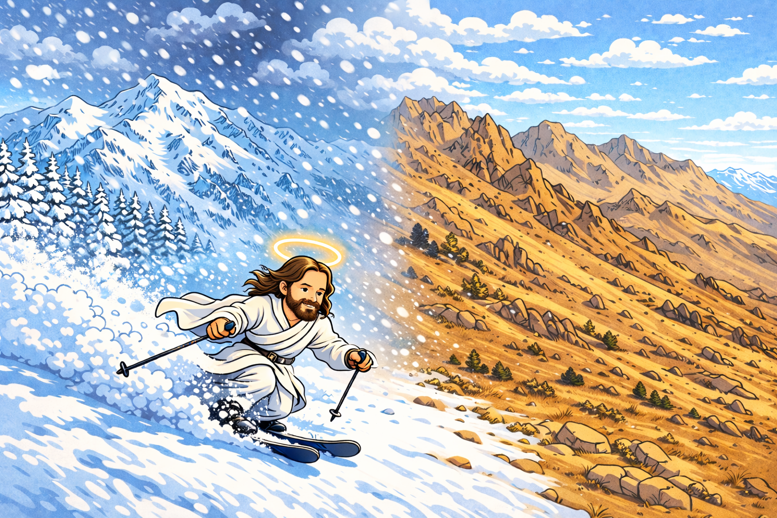Illustration of Skeezus skiing down a snowy mountain slope, with a halo around his head, against a background of snow-capped mountains, pine trees, and rocky terrain under a partly cloudy sky.
