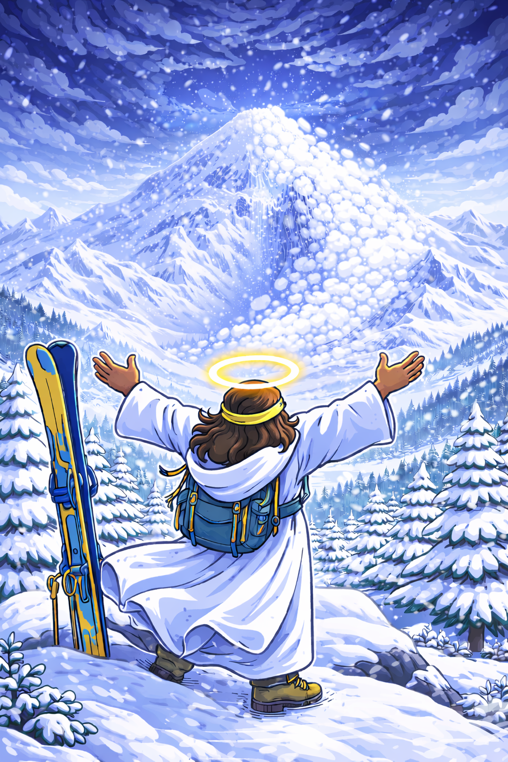 Illustration of Skeezus with a glowing halo, arms outstretched, facing a snow-capped mountain with clouds and snowflakes, surrounded by snow-covered pine trees.