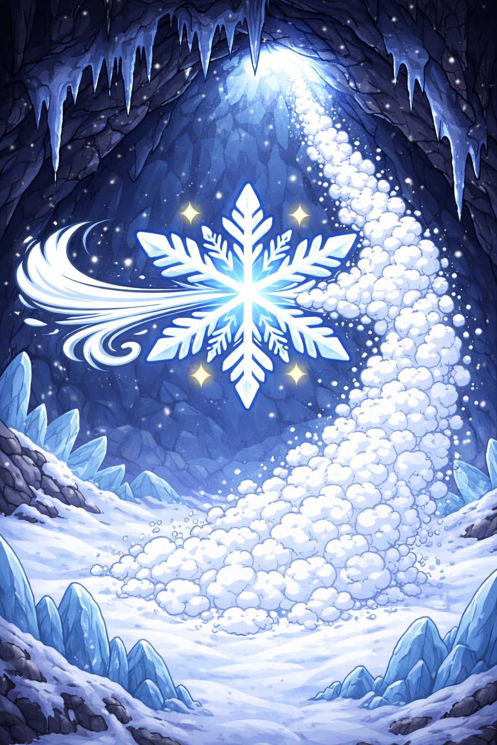A magical winter scene inside a snowy cave with ice formations on the ceiling and walls, featuring a large glowing snowflake in the center emitting bright light and surrounded by smaller stars, with a trail of snow or snowballs leading upward.