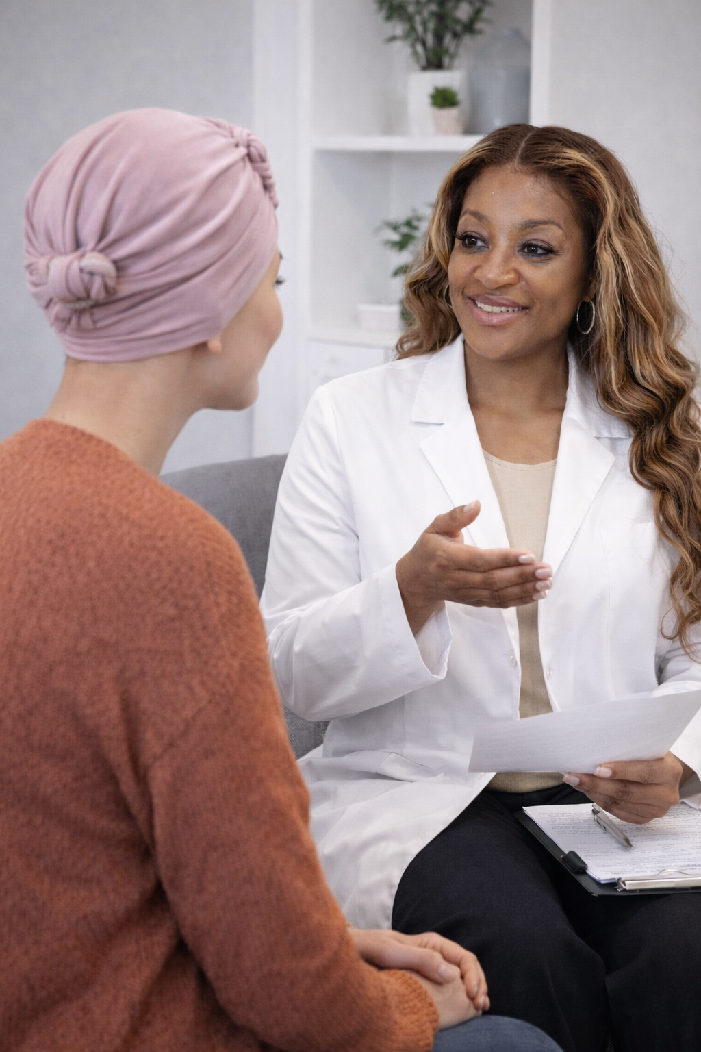A woman with a pink headscarf speaking with a female doctor in a white coat, holding a clipboard, in a medical office.
