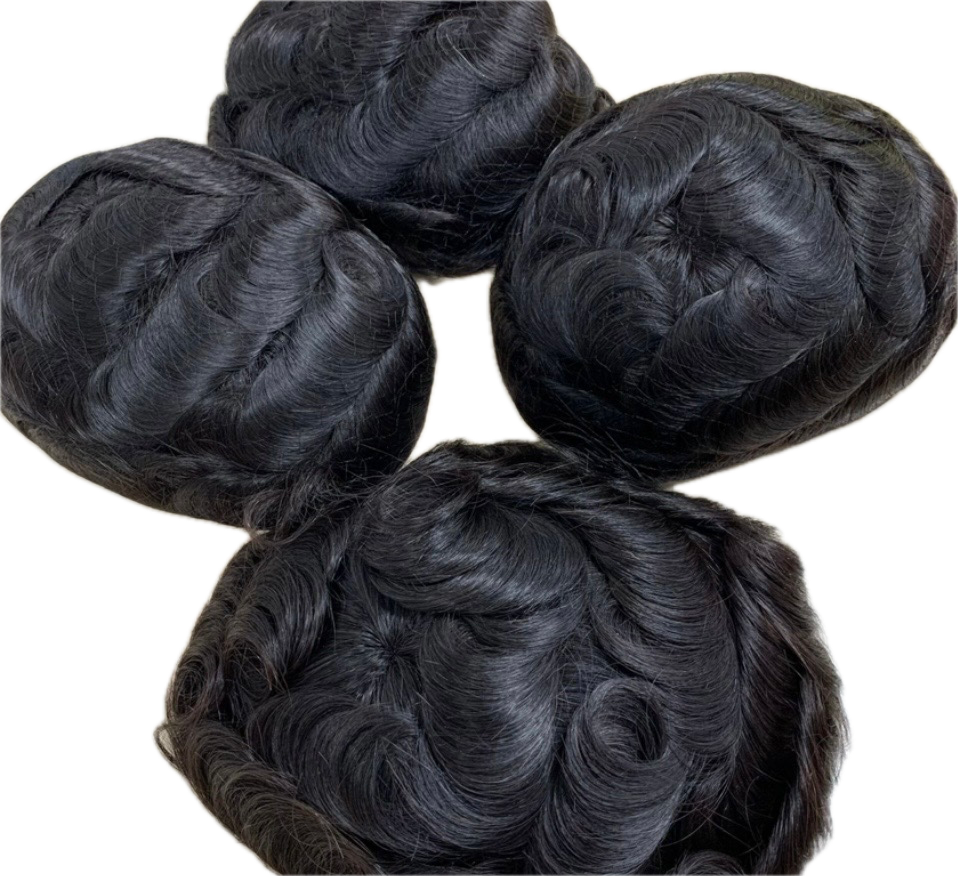 Four black medical grade toppers with detailed raw human hair groomed curls, arranged in a circular pattern.