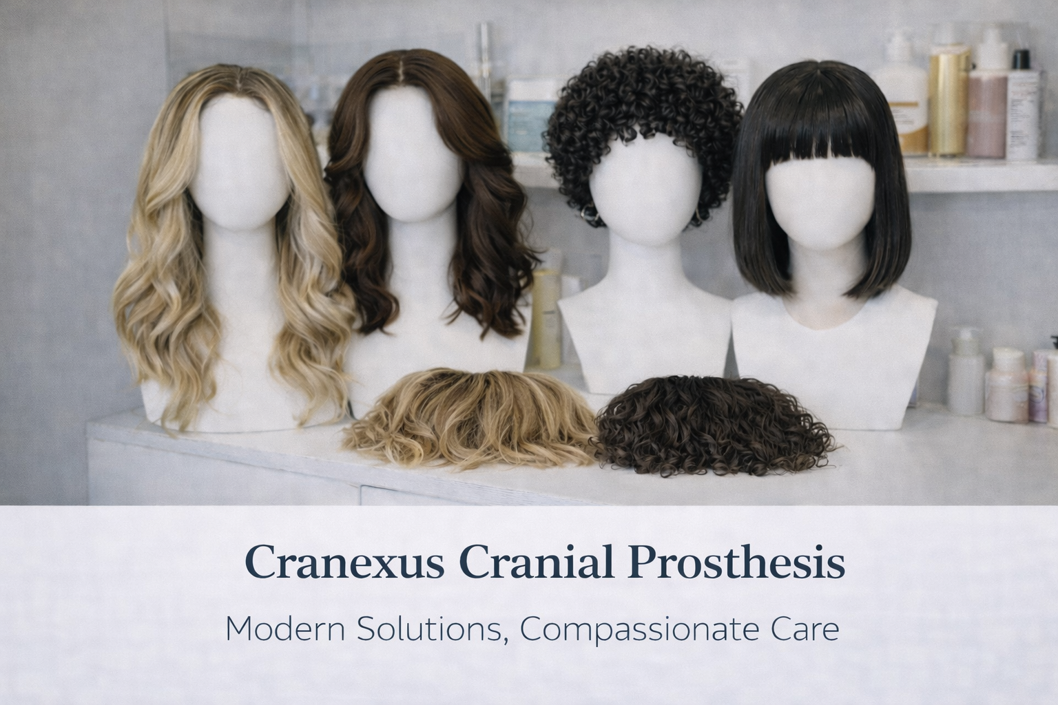 Display of four mannequin heads with various wig styles and colors, along with two additional wig pieces, in a modern wig shop. Text overlay reads 'Cranexus Cranial Prosthesis, Modern Solutions, Compassionate Care'.