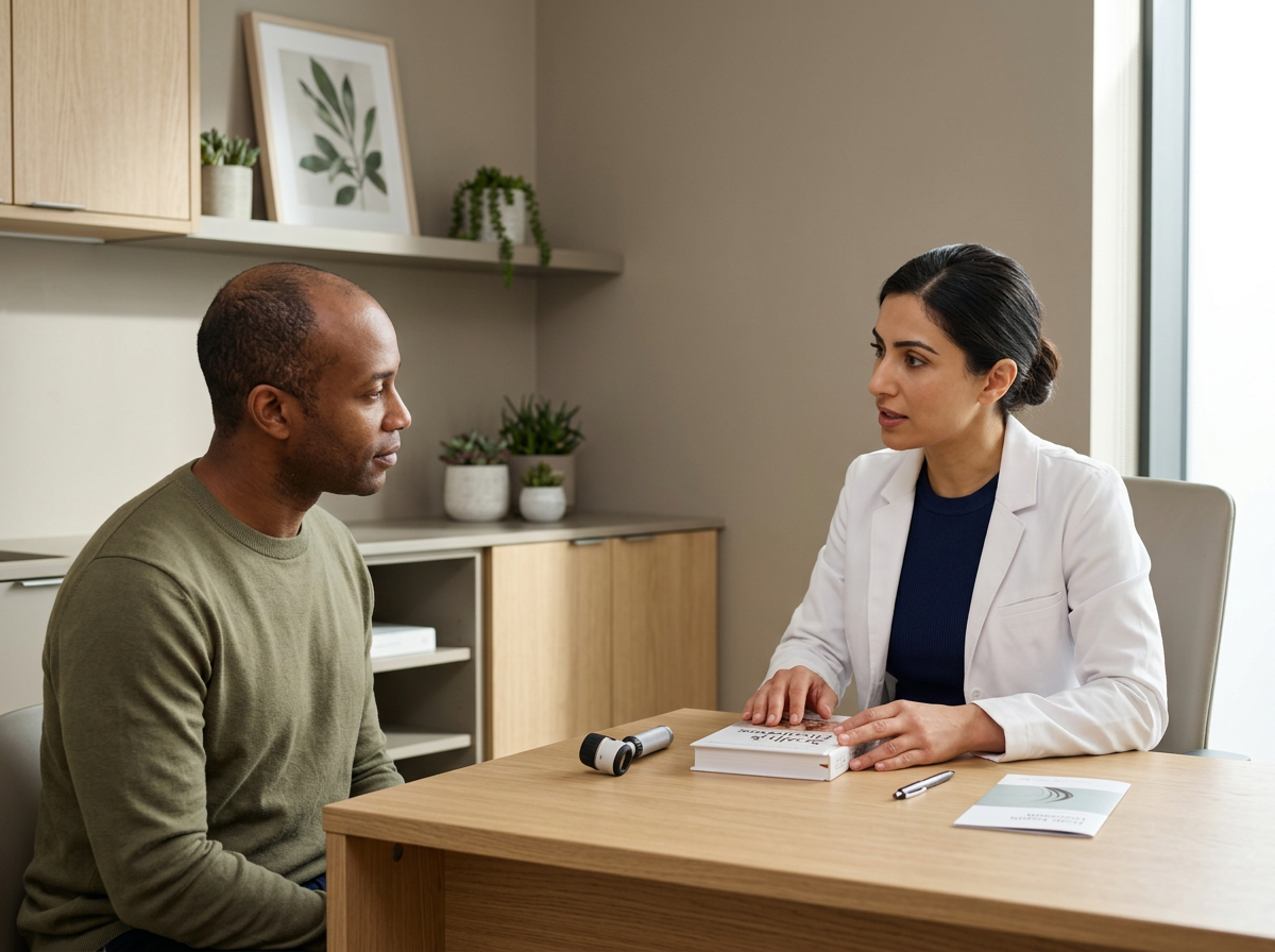 A woman  a white coat and a male client sitting across from each other in a consultation room, engaged in conversation. The woman has a book and a pen on the table, with a blood pressure cuff nearby, and plants and framed pictures in the background.