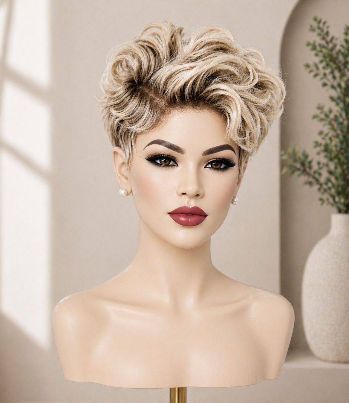 A mannequin head with medical wig styled short, blonde, curly hair, makeup, pearl earrings, and a neutral background with a vase and plant.