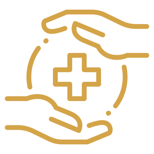 Outline illustration of two hands surrounding a medical cross inside a circle, symbolizing healthcare or medical aid.