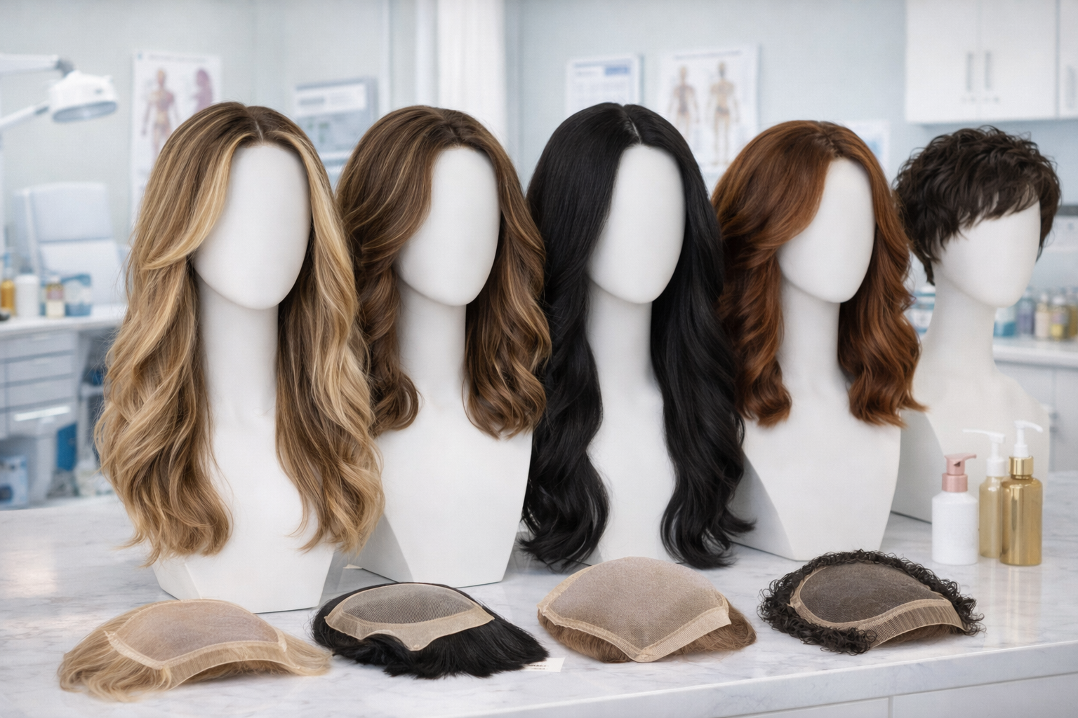 Display of five mannequin heads with various styled wigs and three wig caps on a white marble surface, in a clinical setting with medical posters and supplies in the background.