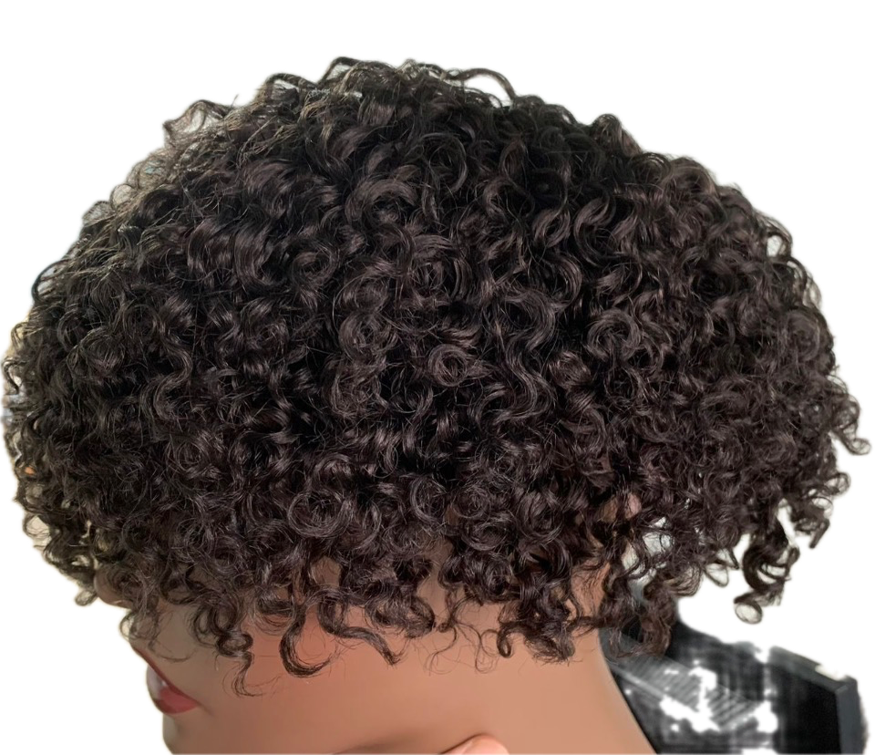 Close-up of a female mannequin with medical grade premium raw human hair medical wig short, tight, curly black hair.