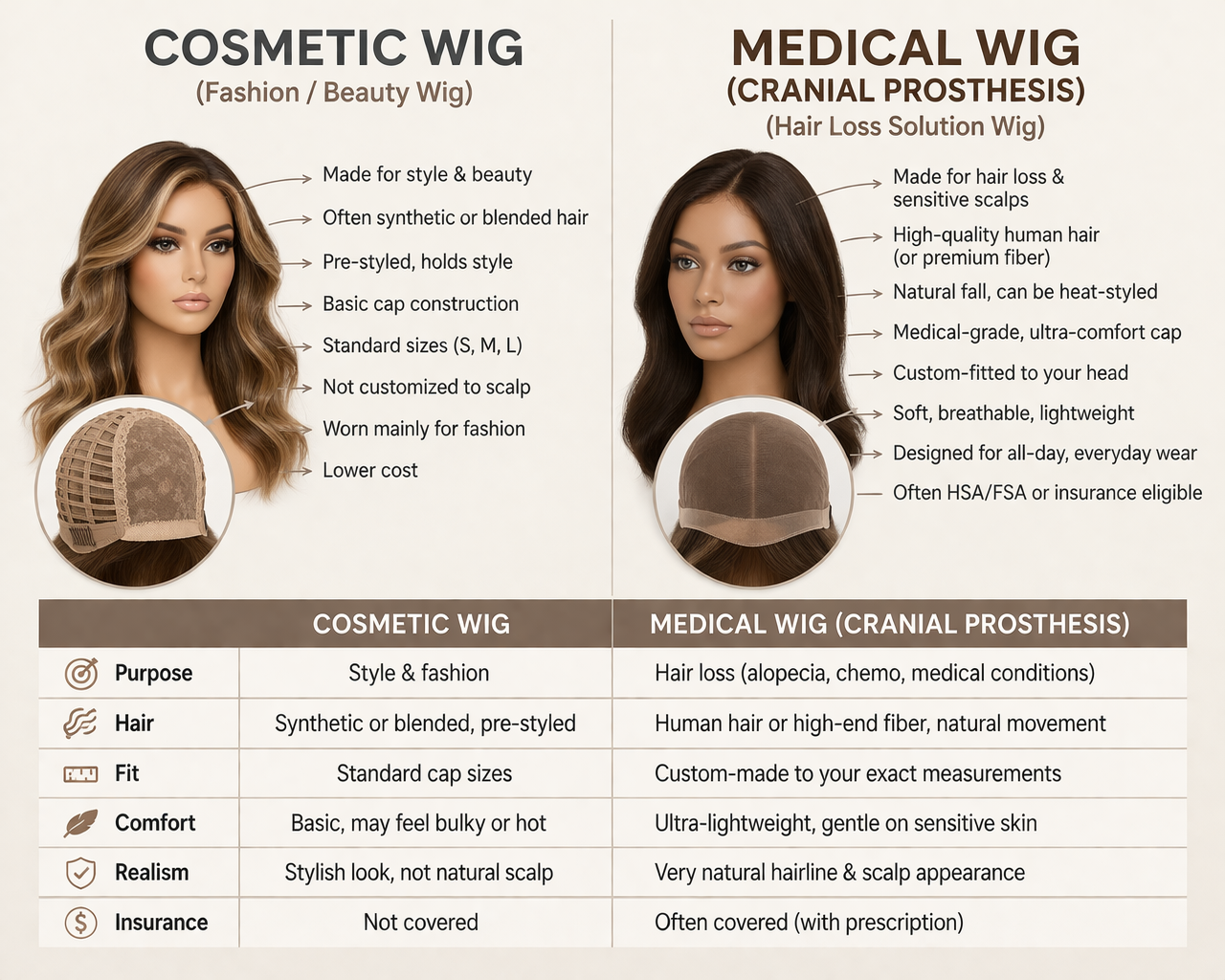 Comparison chart of cosmetic wig and cranial prosthesismedical wig, showing differences in purpose, material, fit, comfort, realism, and insurance coverage. Includes images of a woman wearing each type of wig, with a close-up of the cap construction.
