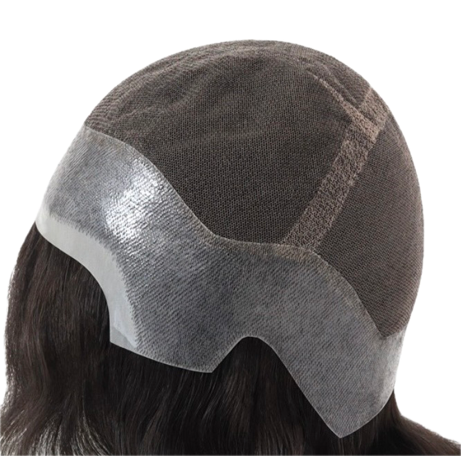A wig cap on a dark-haired mannequin head.