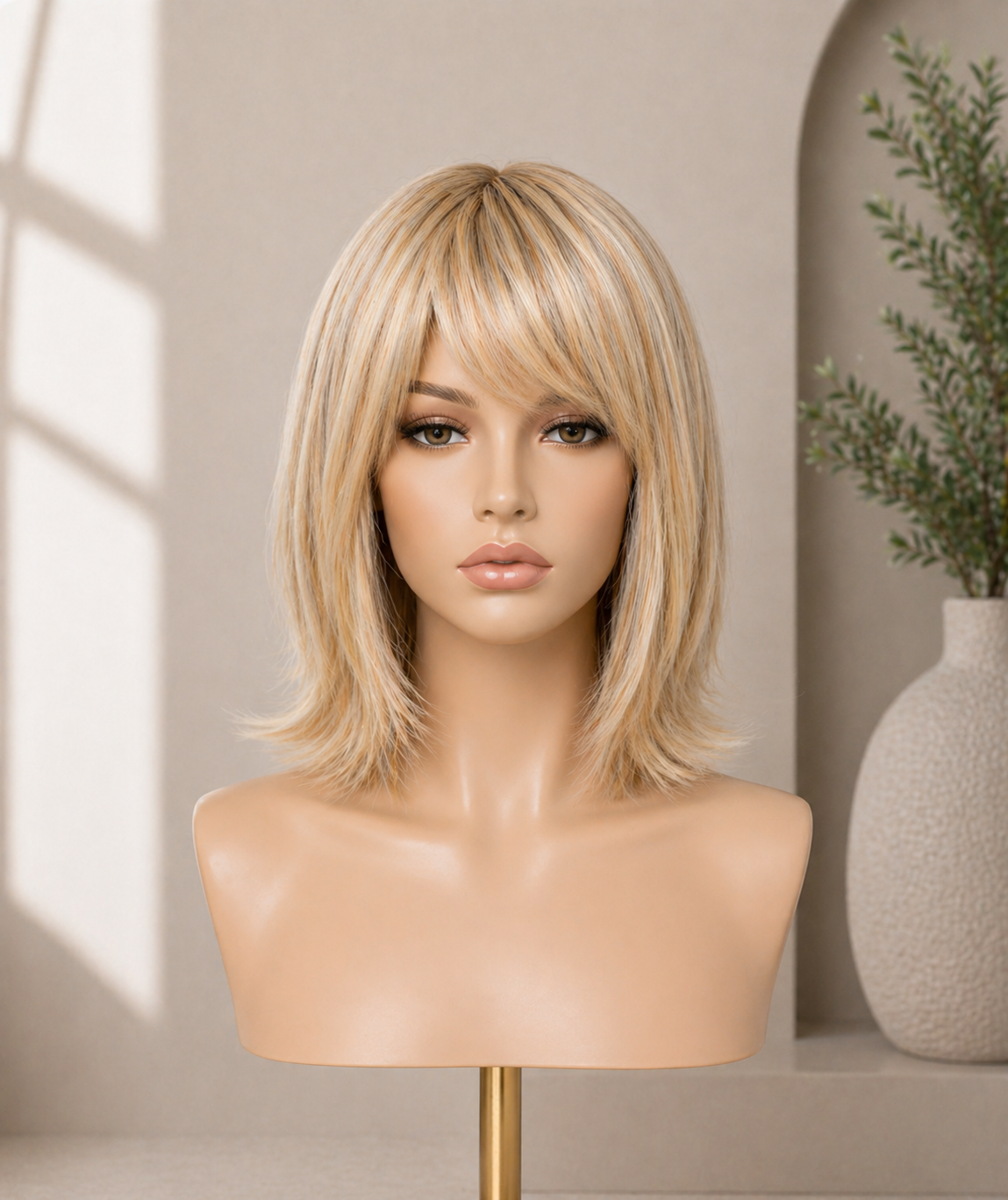 Blonde female mannequin with shoulder-length raw human hair medical wig, neutral makeup, and full lips, displayed on a stand in a room with neutral decor and a potted plant in the background.
