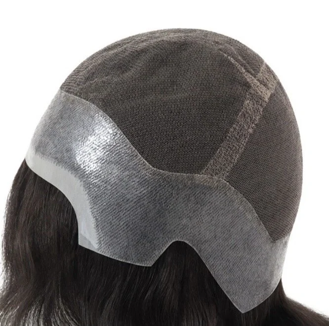 Side  view of a medical grade base wig cap with hair attached a mannequin.