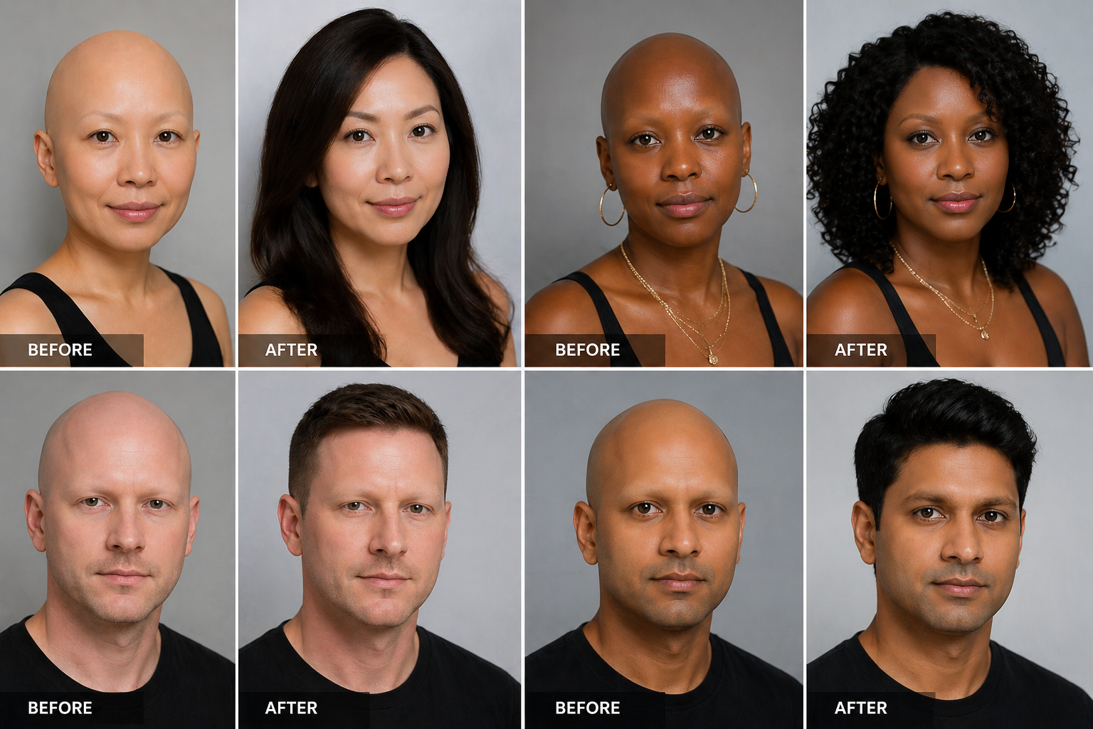 Composite of eight portraits showing before and after photos of four individuals, two women and two men, with the women with medical wig  hair transformations.