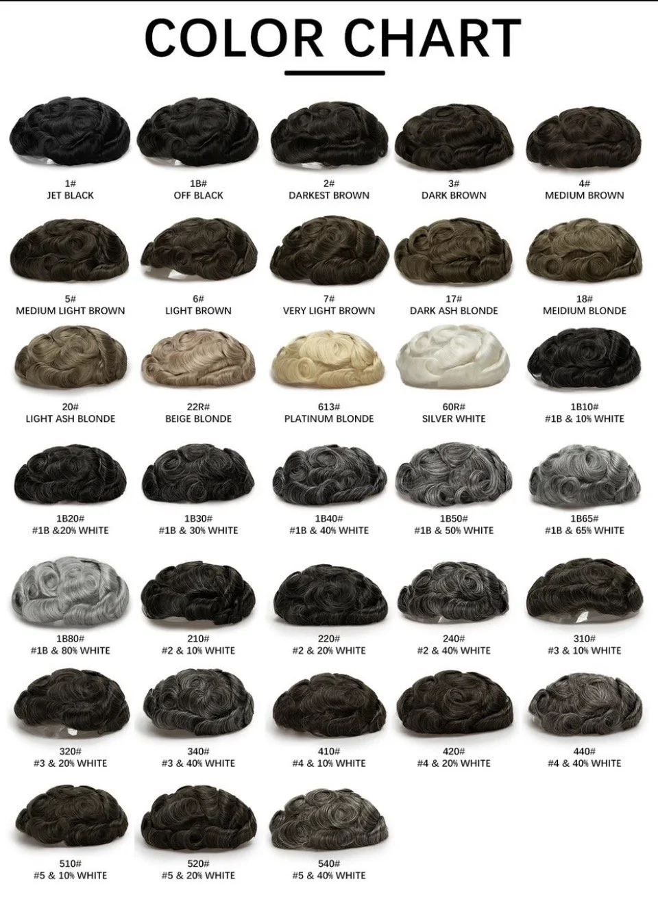 Color chart displaying various medical hair topper colors arranged in rows, including black, brown, blonde, white, gray, and mixed shades, with labels and numbers.