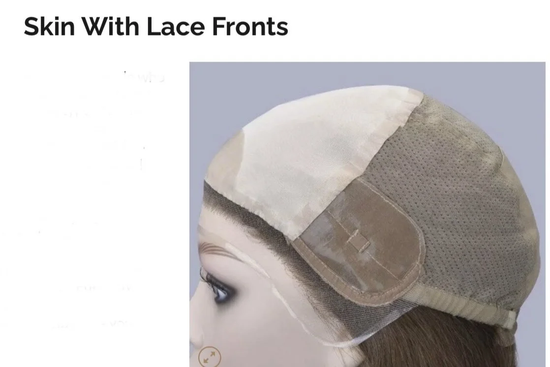 A mannequin head wearing a lace front wig with a combination of lace and mesh materials, styled in a natural hair color.