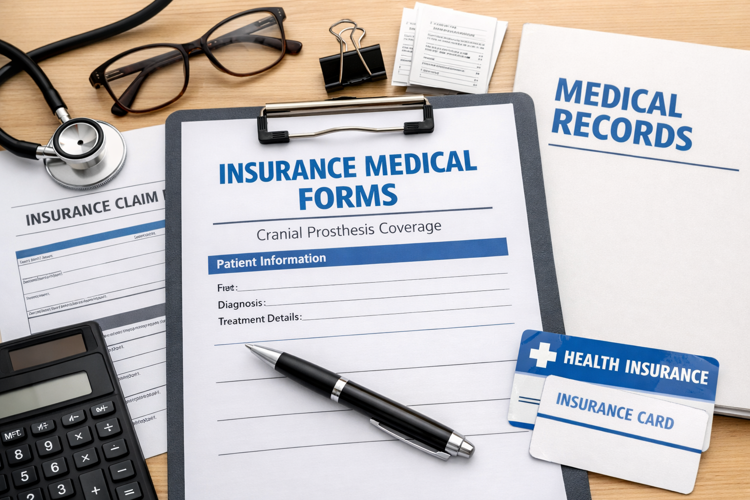 Medical documents, glasses, a stethoscope, a calculator, and an insurance card arranged on a wooden desk, including forms for insurance medical and medical records.