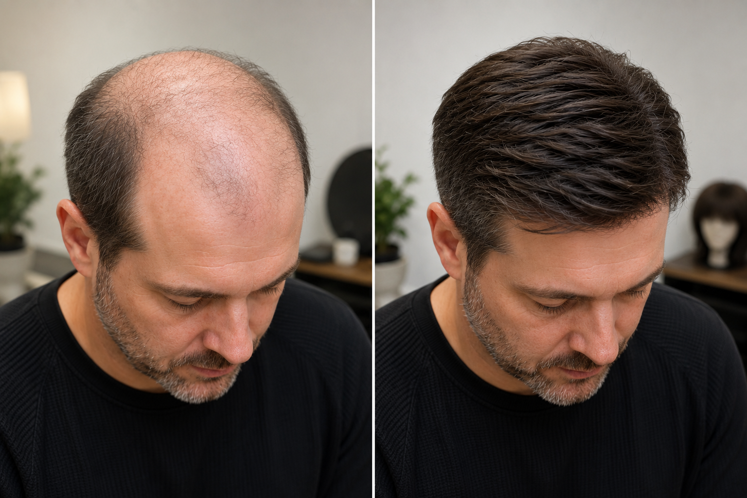 Comparison of a man's hair before and after a haircut, showing thinning hair on the left and a full head of styled hair on the right.