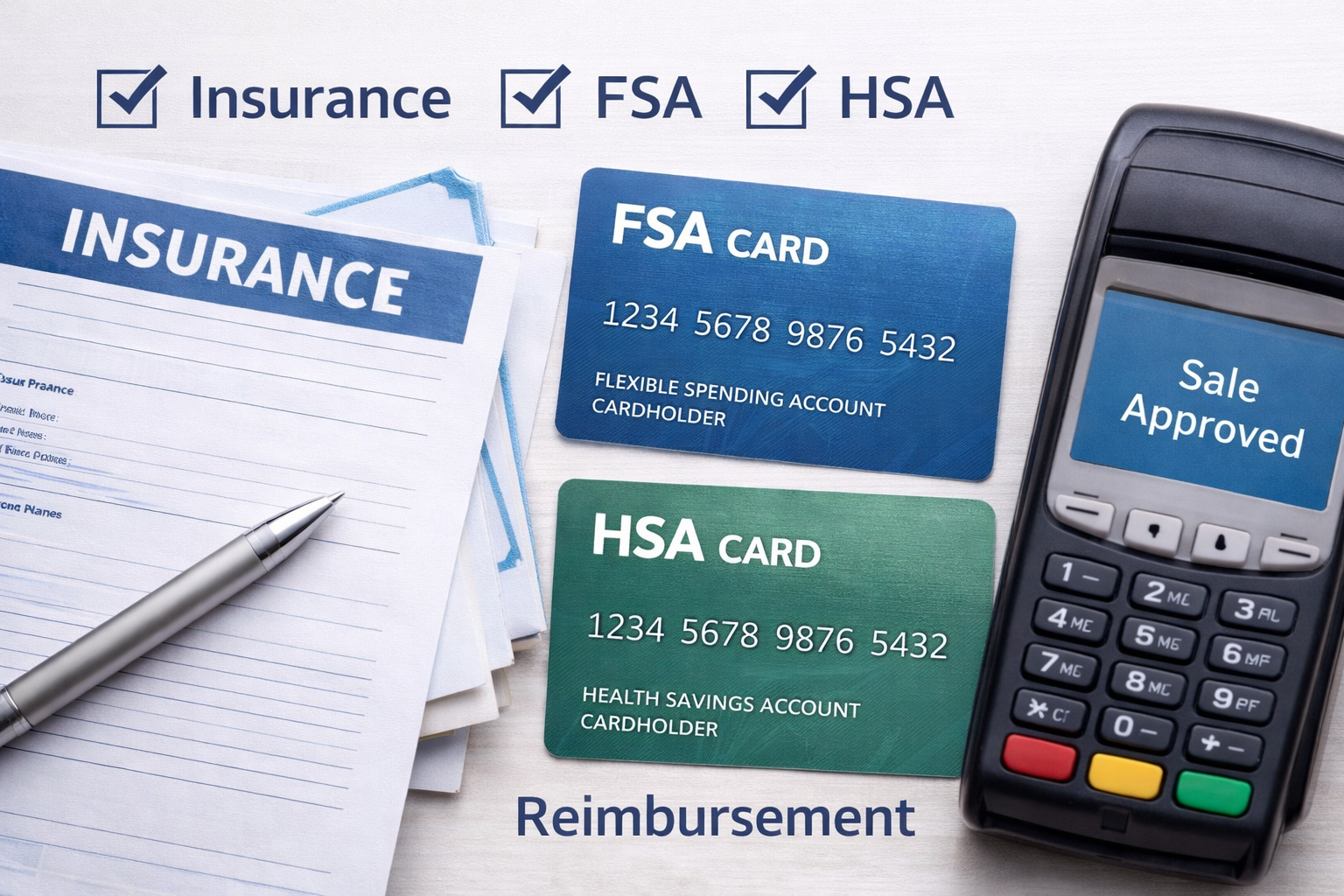 Insurance documents, FSA and HSA cards, a sales approved sign on a payment terminal, and a pen on a white surface.