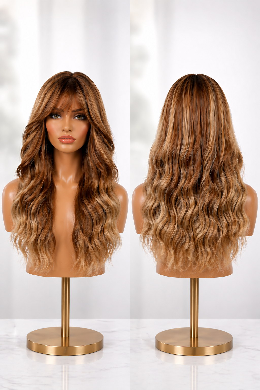 A wig display showing two mannequin heads with medical grade premium raw human hair medical wig, long, wavy auburn hair hairstyles, one facing forward and the other with her back to the camera, set against a white background.